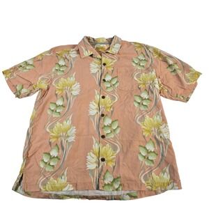 Tommy Bahama Mens Silk Floral Print Short‎ Sleeve Button Up Shirt L G Peach